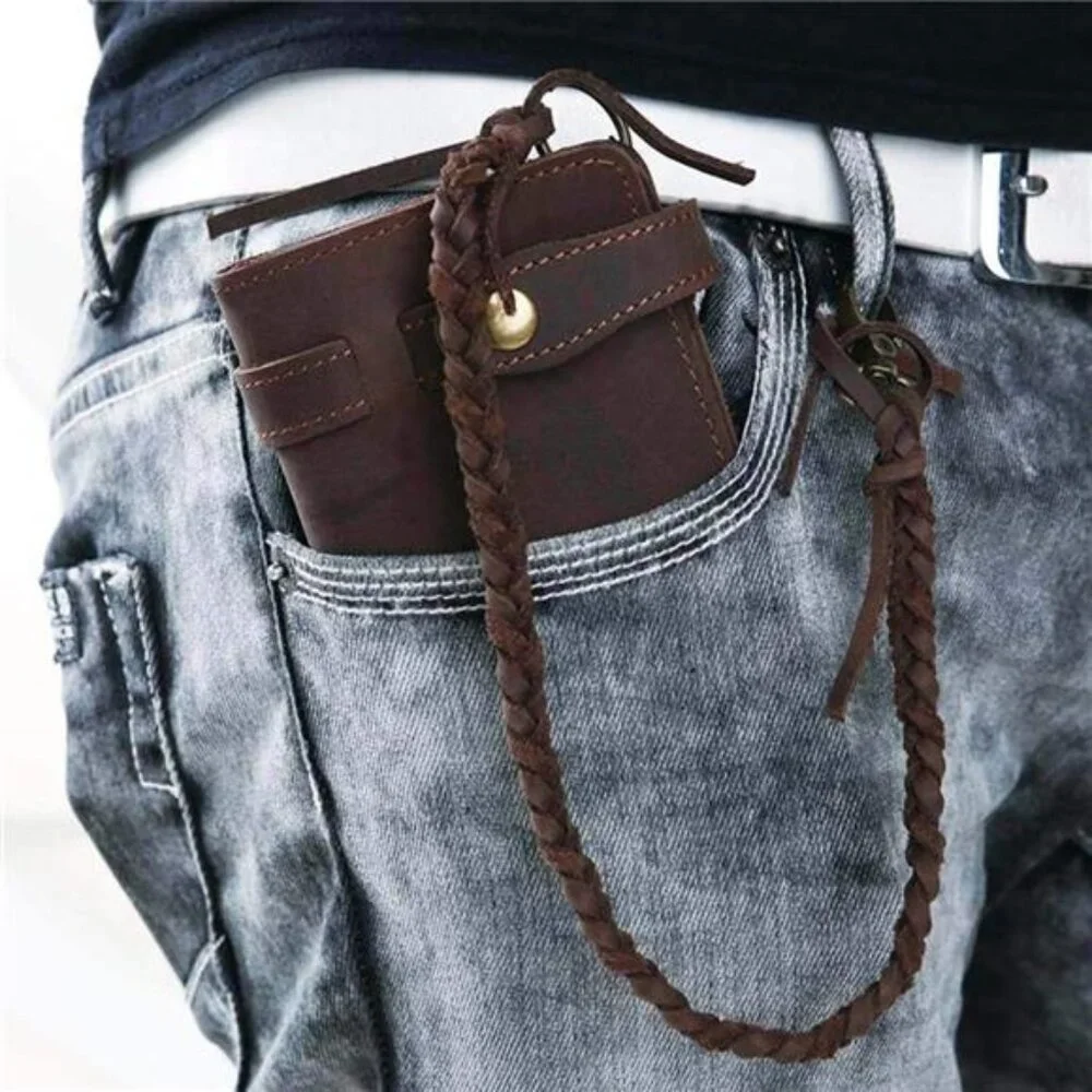 Mens Genuine Leather Bifold Wallet Organizer Checkbook Removable Chain Wallet